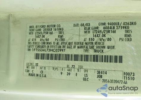 2003 Ford E-350 Super Duty Commercial/Recreational z USA, uszkodzony, nr VIN 1FTSS34L73HC03997